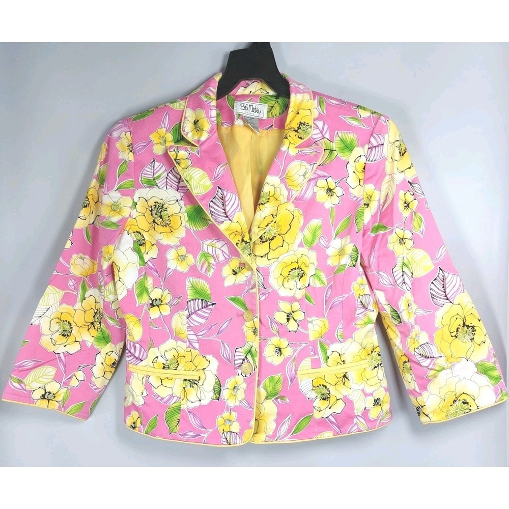 Bob Mackie Short Blazer Size 12 Pink Yellow Spring Floral Lined 3/4 Sleeve *READ